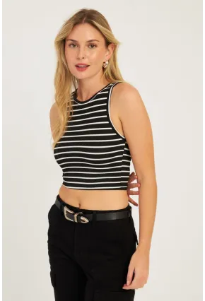 Kadın Siyah-Beyaz İkili Çizgili Crop Bluz CG346
