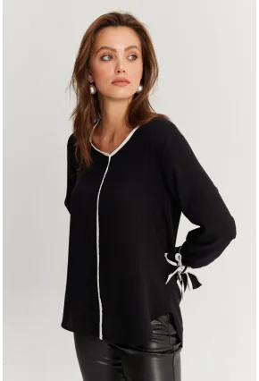 Kadın Siyah-Beyaz Kontrast Biyeli Dokuma Bluz YLE617