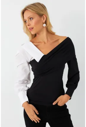 Kadın Siyah-Beyaz Kruvaze Bluz LİK8