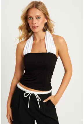 Kadın Siyah-Beyaz Sırtı Açık Kontrast Bluz EY2834