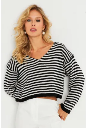 Kadın Siyah-Beyaz V Yaka Çizgili Bluz YV280