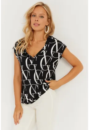 Kadın Siyah-Beyaz V Yaka Desenli Bluz AYD293