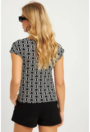 Kadın Siyah-Beyaz V Yaka Desenli Bluz LPP1285