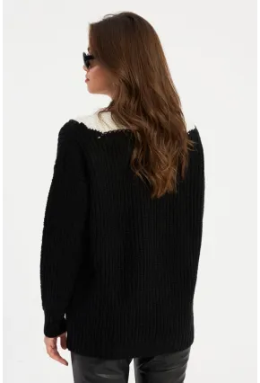 Kadın Siyah-Beyaz V Yaka Triko Kazak SMT2434