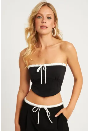 Kadın Siyah Boyun Bağlamalı Crop Bluz MON133