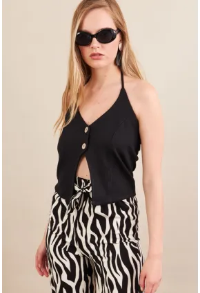 Kadın Siyah Boyun Bağlamalı Düğmeli Yelek FLU7304