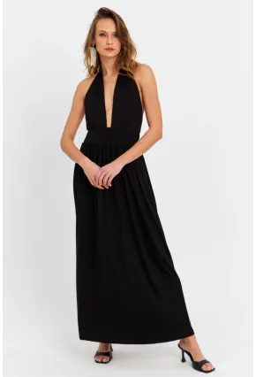 Kadın Siyah Boyun Bağlamalı Maxi Elbise EY3075