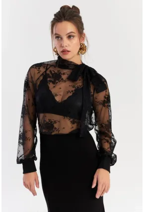 Kadın Siyah Boyun Bağlamalı Tül Bluz EY2929