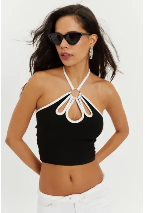 Kadın Siyah Boyundan Bağlamalı Halkalı Crop Bluz B1809