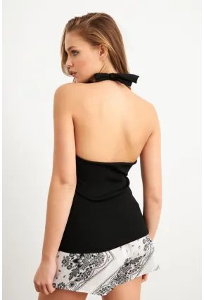 Kadın Siyah Boyundan Bağlamalı Triko Bluz YV356