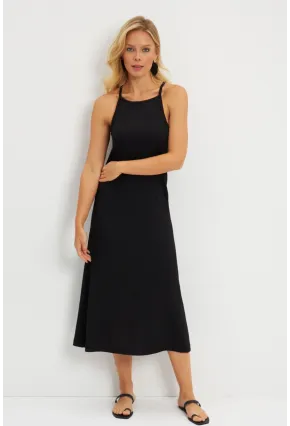 Kadın Siyah Bürümcük Halter Yaka Midi Elbise DMR166