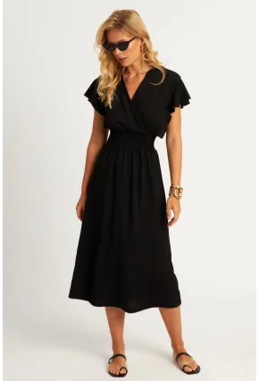 Kadın Siyah Bürümcük Kruvaze Midi Elbise XL2008