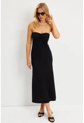 Kadın Siyah Bürümcük Straplez Midi Elbise EY2787
