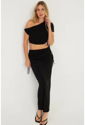 Kadın Siyah Büzgülü Alt Üst  Etek Takım YEL88