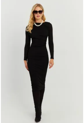 Kadın Siyah Büzgülü Buzi Midi Elbise KED147