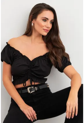 Kadın Siyah Büzgülü Crop Bluz ELT1680