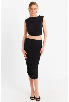 Kadın Siyah Büzgülü Crop Etek Takım ELT181