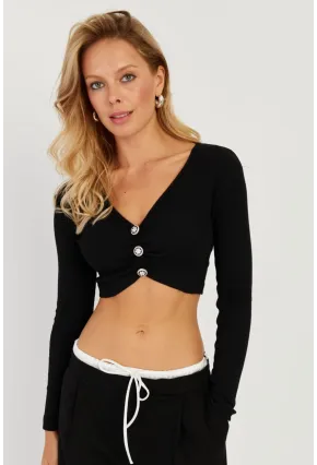 Kadın Siyah Büzgülü Düğme Detaylı Crop Bluz EY2716