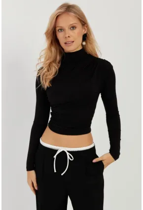 Kadın Siyah Büzgülü Kısa Bluz MEN2023-90