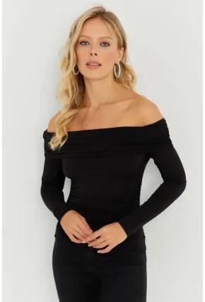 Kadın Siyah Büzgülü Madonna Bluz MON1119