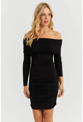 Kadın Siyah Büzgülü Madonna Mini Elbise MON1118