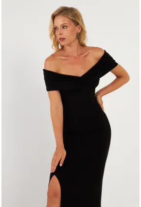 Kadın Siyah Büzgülü Midi Elbise DMR965