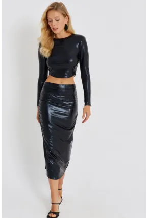 Kadın Siyah Büzgülü Parlak Etek Takım KED4046