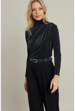 Kadın Siyah Büzgülü Simli Bluz ELT3568