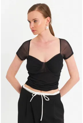 Kadın Siyah Büzgülü Tül Crop Bluz TPG04