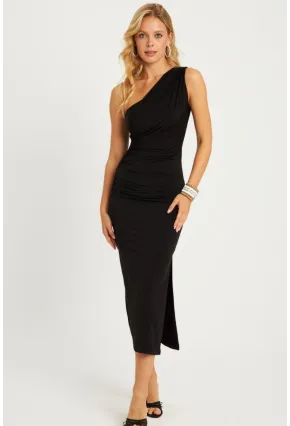 Kadın Siyah Büzgülü Yırtmaçlı Midi Elbise MON134
