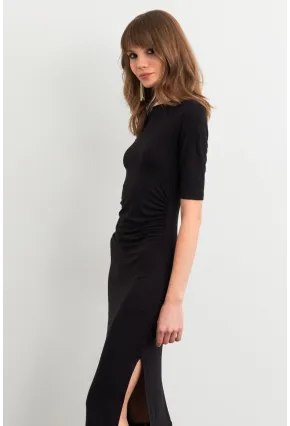 Kadın Siyah Büzgülü Yırtmaçlı Tshırt Elbise FS9594