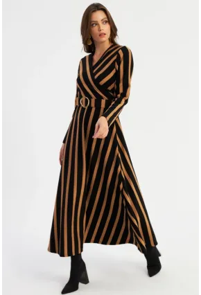 Kadın Siyah-Camel Kruveze Kemerli Maxi Elbise VTN4