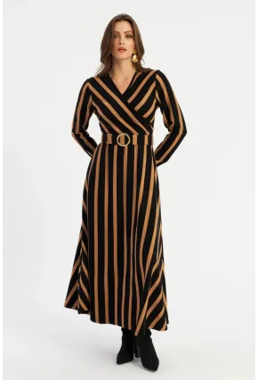 Kadın Siyah-Camel Kruveze Kemerli Maxi Elbise VTN4