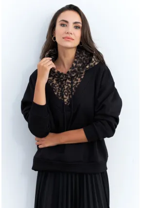 Kadın Siyah-Camel Leopar Bloklu Sweatshirt PP6415