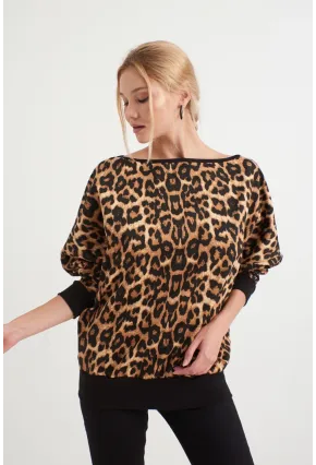 Kadın Siyah -Camel Leopar Desenli Sırtı Açık Yarasa Kol Sweatshirt B161