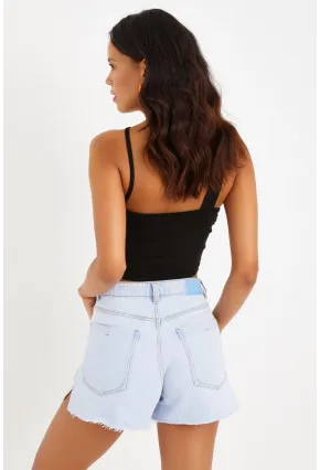 Kadın Siyah Çapraz Askı Viskon Crop Bluz B1601