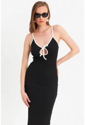 Kadın Siyah Çapraz Askılı Midi Elbise OR2452
