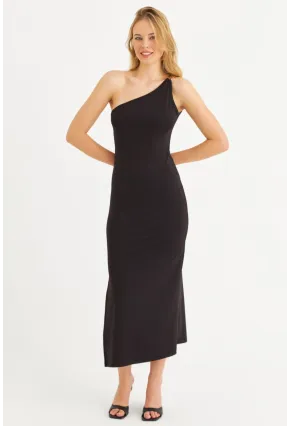 Kadın Siyah Çapraz Yaka Aksesuarlı Midi Elbise EY3088