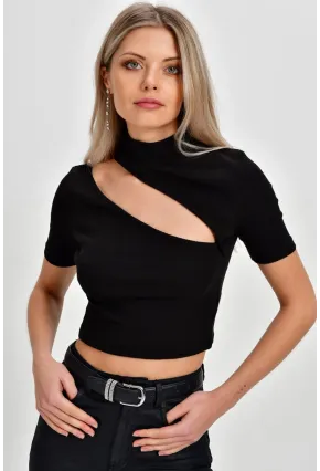 Kadın Siyah Çapraz Yaka Kaşkorse Kısa Bluz B74