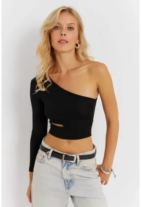 Kadın Siyah Çapraz Yaka Pencerli Crop Bluz CG366