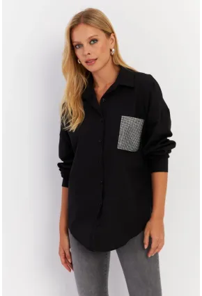 Kadın Siyah Cepli Taşlı Gömlek ZER414