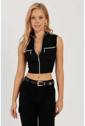 Kadın Siyah Çift Fermuarlı Kaşkorse Bluz EY2735