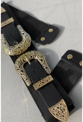 Kadın Siyah Çift Tokalı Lastikli Kemer BE617