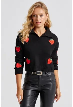 Kadın Siyah Çilek Desenli Triko Kazak KED140