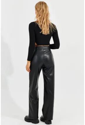 Kadın Siyah Cırtlı Deri Pantolon ELA3088