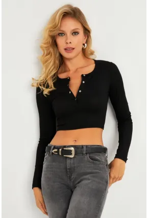 Kadın Siyah Çıtçıtlı Crop Bluz CG379
