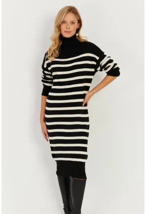 Kadın Siyah Çizgili Balıkçı Triko Midi Elbise MSF2539