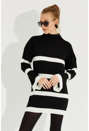 Kadın Siyah Çizgili Mini Triko Elbise YV212