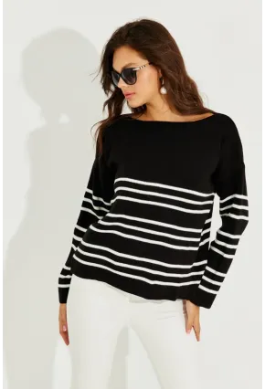 Kadın Siyah Çizgili Triko Kazak SF2188