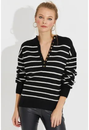 Kadın Siyah Çizgili Triko Kazak SMT219